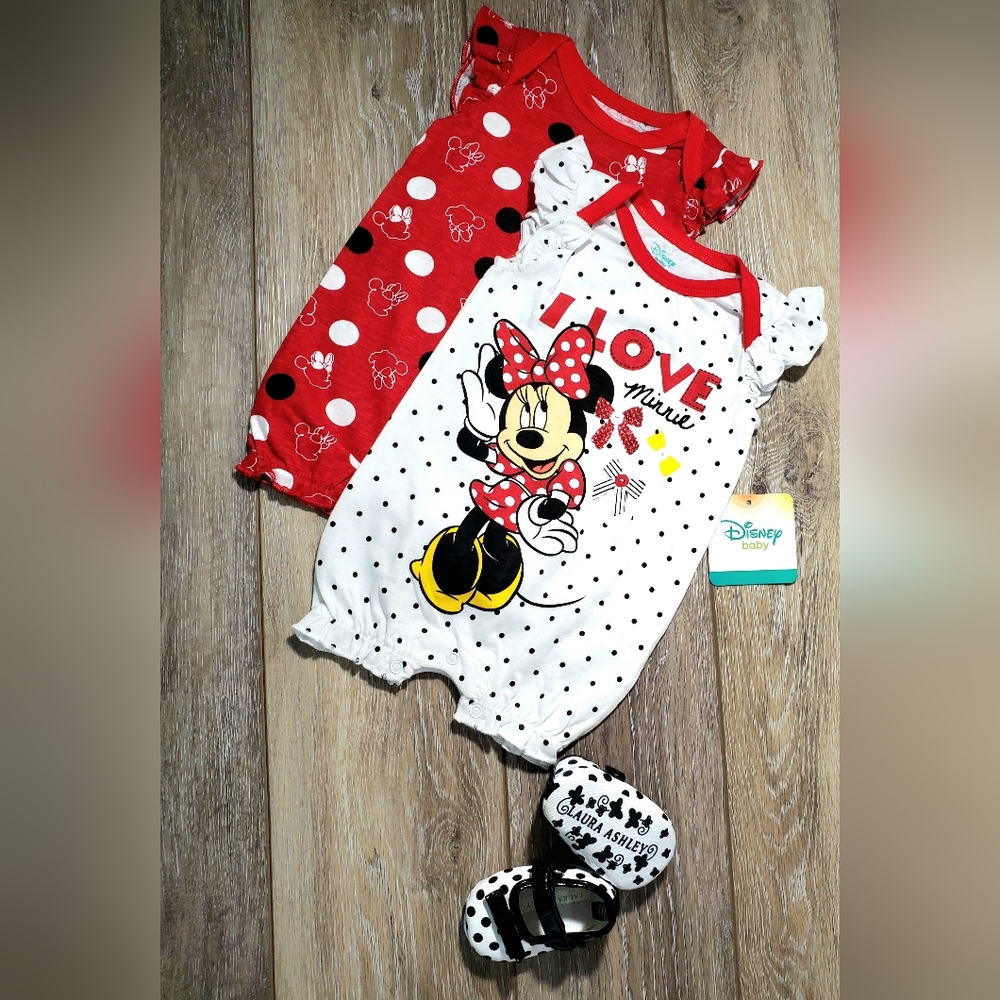 Disney Minnie Mouse Red and White Baby's Polka Dot Romper 2 Piece  Set Size 0-3M